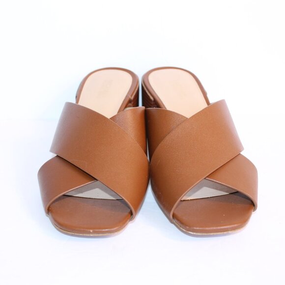 Michael Kors Abbott Tan Leather Cognac Criss Cross Slide Mule Sandal Heel Sz 6 - Picture 7 of 14